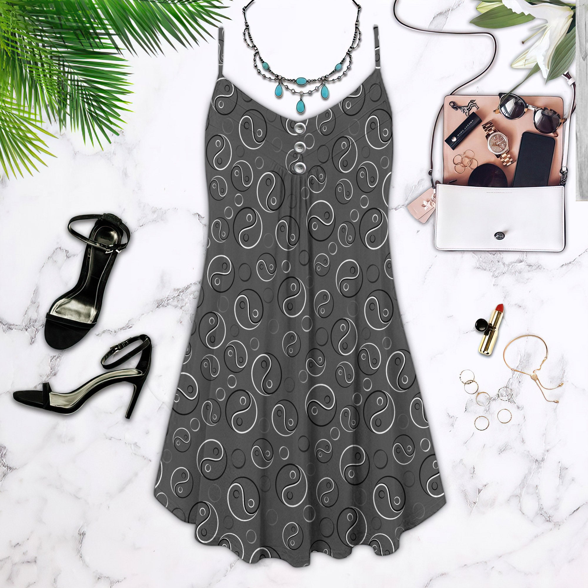 Yin Yang Spaghetti Strap Summer Dress | Sleeveless V Neck Mini Dress | Sundress