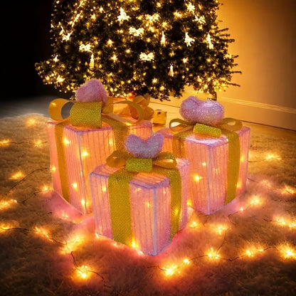 3-in-1 LED Light-Up Gift Box Set with Pink Heart Bow ??? Christmas Holiday Decoration LHT