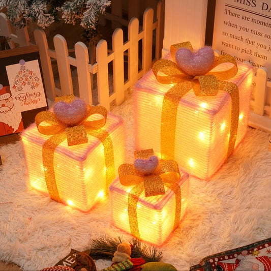 3-in-1 LED Light-Up Gift Box Set with Pink Heart Bow ??? Christmas Holiday Decoration LHT