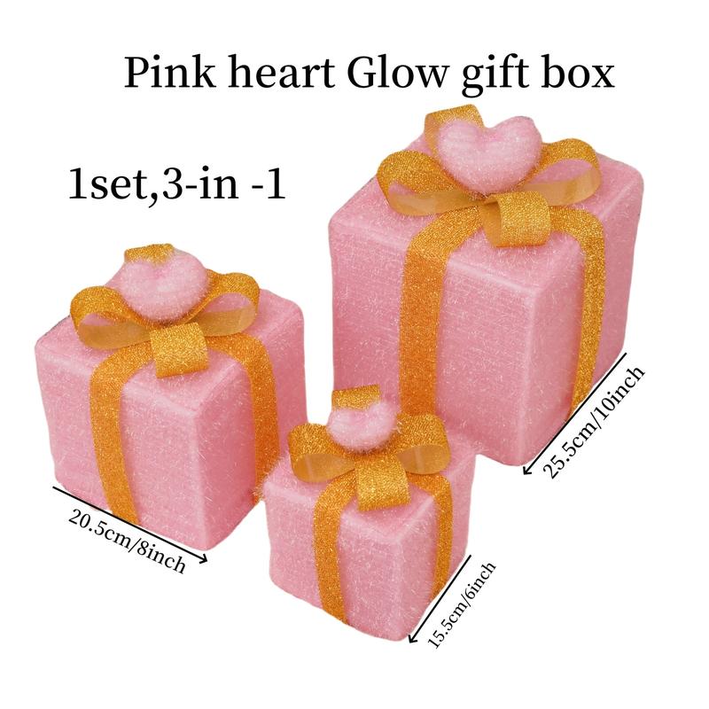 3-in-1 LED Light-Up Gift Box Set with Pink Heart Bow ??? Christmas Holiday Decoration LHT
