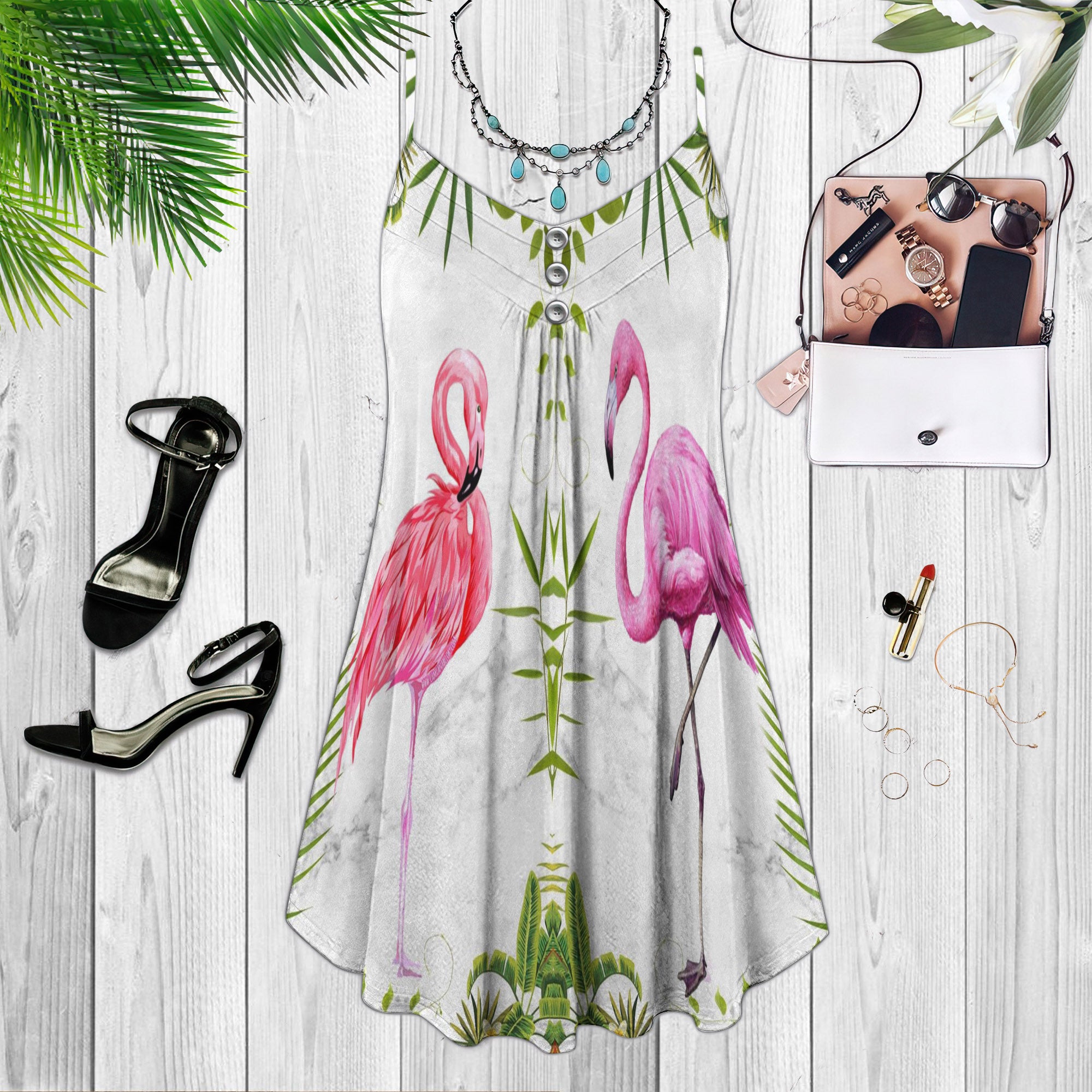 Flamingo Spaghetti Strap Summer Dress | Sleeveless V Neck Mini Dress | Sundress